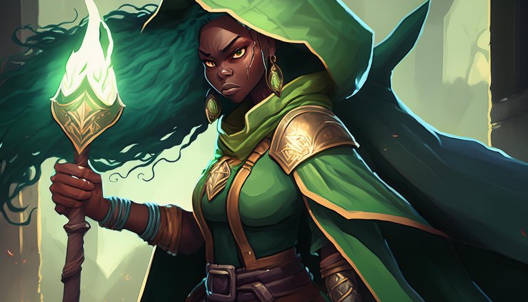 Firefly angry black female green clothe mage, cartoon style 65535.jpg