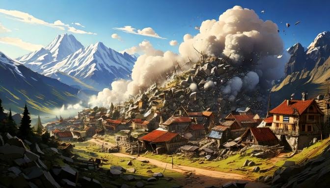 Firefly village swallowed by a massive avalanche of rocks with the mountains in background cartoon s.jpg