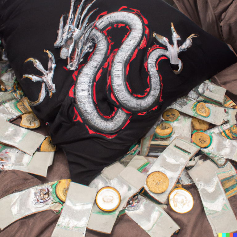 DALL·E 2022-08-05 23.32.39 - a ridiculous huge pile of money on a velvet polster, guarded by a big dragon which as a tattoo which reads _altcoins_.png