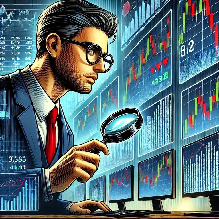 DALL·E 2025-02-24 03.44.06 - A digital illustration of a stock market analyst looking for bargain stocks. The analyst, wearing glasses and a business suit, is closely examining st.jpg