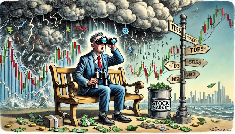 DALL·E 2025-02-16 18.27.58 - An editorial cartoon depicting a financial analyst or trader sitting nervously on a bench. The analyst is wearing a suit, holding binoculars, scanning.jpg