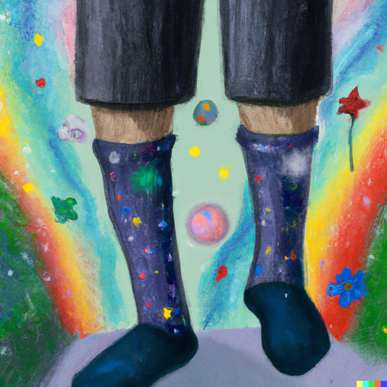 DALL·E 2023-07-15 23.46.43 - A man with the most magical socks in the entire universe.  His socks contain the entire universe.  The man is taking a walk outside and is painted in .png