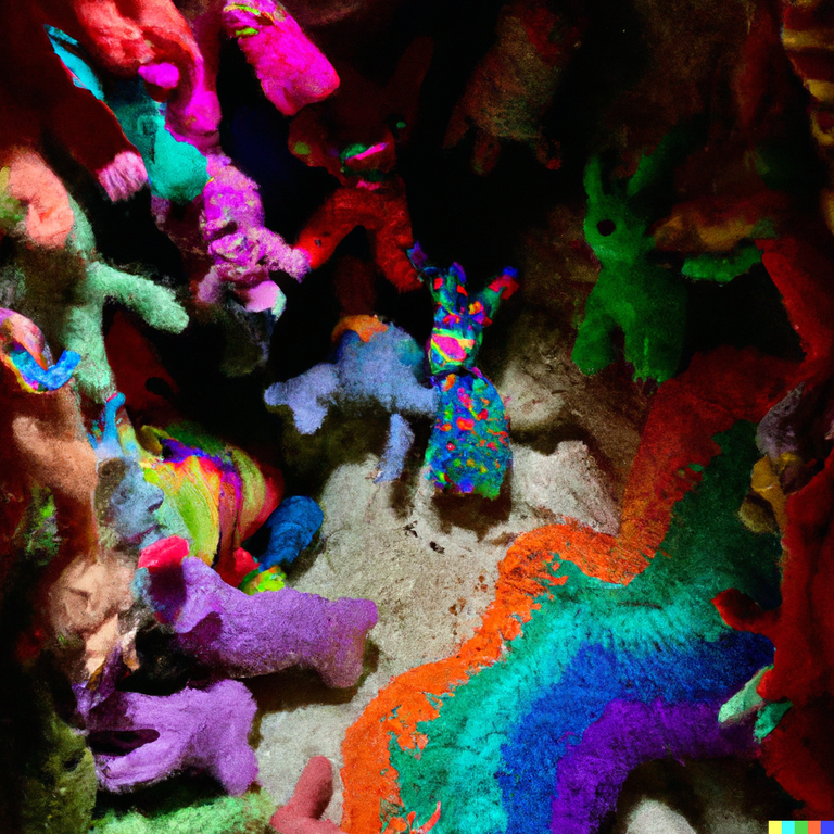 DALL·E 2023-08-13 00.55.25 - A dark and scary cave except it's full of complex and colorful flourishing societies.  There are beings of various shapes and sizes that are doing all.png