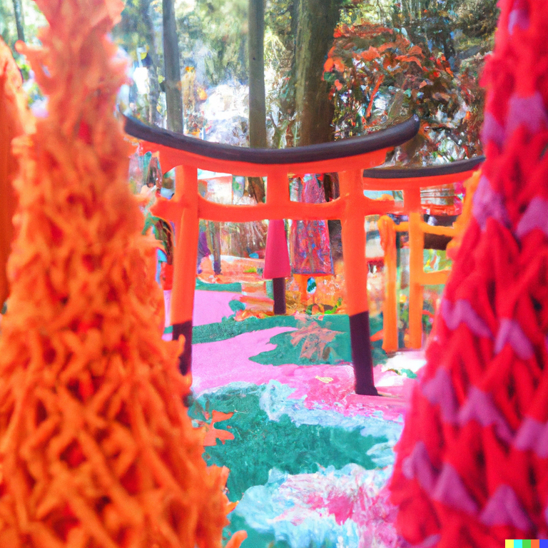 DALL·E 2023-09-10 15.42.49 - fushimi inari in kyoto but made out of yarn.  You can see trees and everything is extremely colorful and beautiful.png