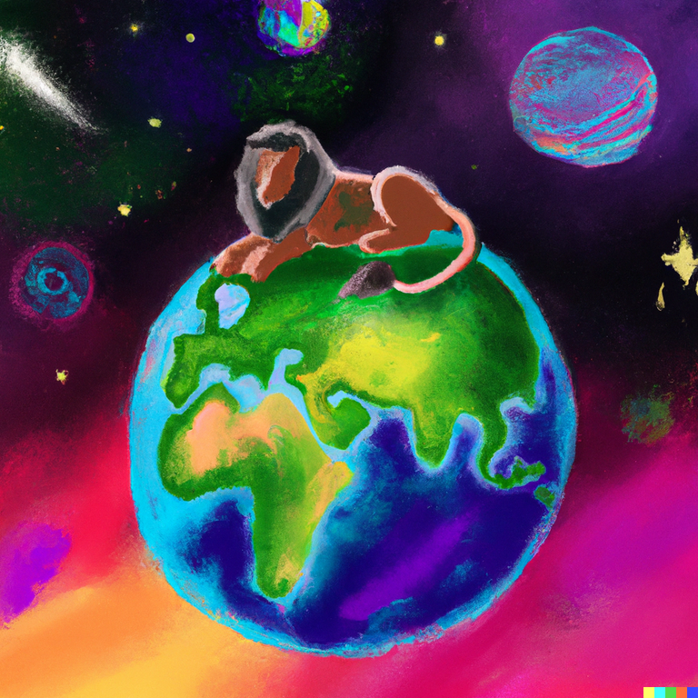 DALL·E 2023-08-28 18.36.26 - A giant lion sits on top of a colorful planet earth.  The earth is fantastic with space dust and shooting stars of various colors.  Everything is lush.png