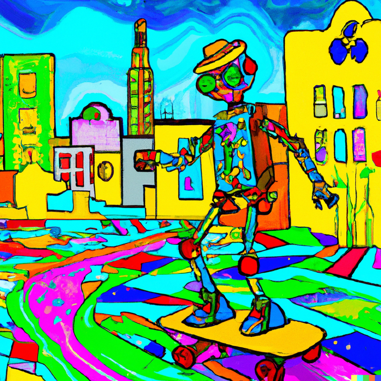 DALL·E 2023-01-15 15.29.34 - A robot riding a skateboard in a colorful city in the style of Van Gogh. .png