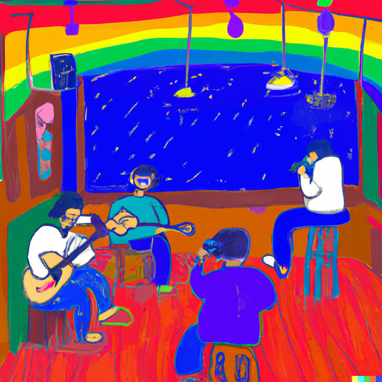 DALL·E 2023-07-14 16.54.23 - A colorful pastel of a people playing music in a tiny bar. There is a rainbow man playing guitar and singing.png