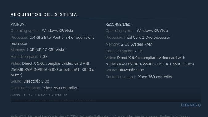 Requisitos para Fallout 3 en Steam - Requirements for Fallout 3 on Steam