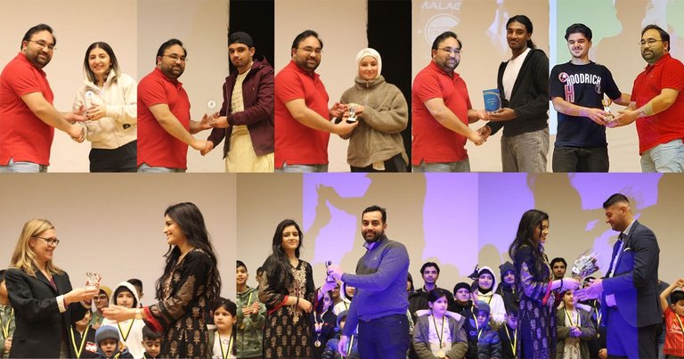 Shahzad Ansari awarding awards and trophies to club members who have contributed. | Areeba Khan giving trophies to the distinguished guests. Jorunn Tådberg, Usman & Robert Aslan