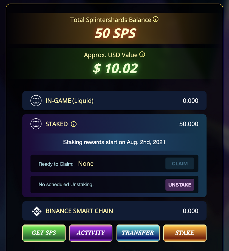 Screenshot of SPS balance