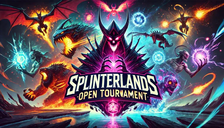 DALL·E 2025-02-23 12.44.26 - A dynamic and visually striking banner for a 'Splinterlands Open Tournament.' The design should resemble the dark fantasy and vibrant magic aesthetic .webp