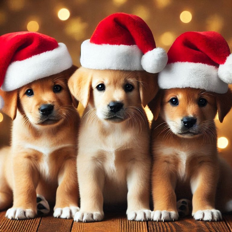 three adorable puppies wearing Santa hats.png