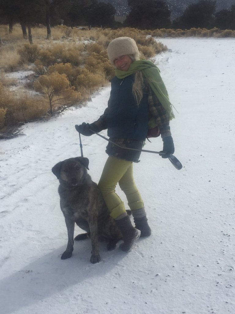 Sima and Pup...me with only socks on in the snow and wool leggings I made out of a sweater