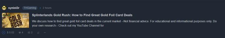 @synist3r Splinterlands Gold Rush: How to Find Great Gold Foil Card Deals