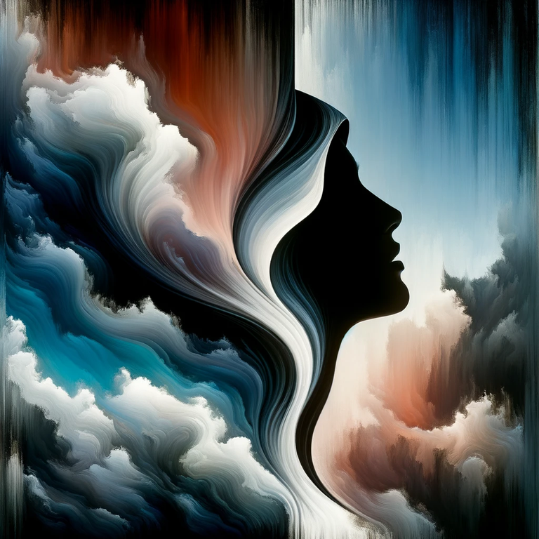 DALL·E 2023-12-28 07.07.16 - Create an artistic representation of a woman with a hood, her profile transitioning into an abstract form. The abstract part consists of two contrasti.png