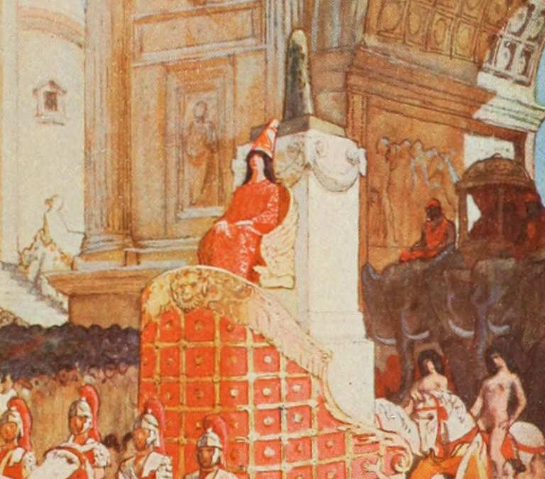 The Agony (1902) Elagabalus conducting a chariot with sixteen white horses, where, on an altar of precious stones, rests the cone of the black stone.
