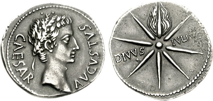 Augustus wearing the corona civica. Reverse side: "Depicts the comet which made a continuous daylight appearance during July 44 BC, and was associated with the deification of Julius Caesar." - Classical Numismatic Group, Inc. https://www.cngcoins.com, CC BY-SA 2.5, via Wikimedia Commons.