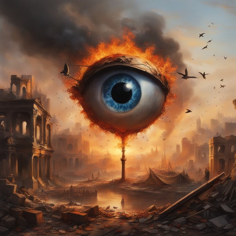 An-eyeball-shown-as-the-small--magical-flower-on-a-bloody-limp-stem--among-the-ruins-of-the-city-after-bombardment---Merry-go-round-visible-in-flames-nearby--The-are-some-birds-high-in-the-sky-.jpg