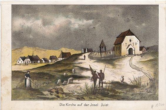 The church on the island of Juist. Color lithograph,  ca. 1830.
