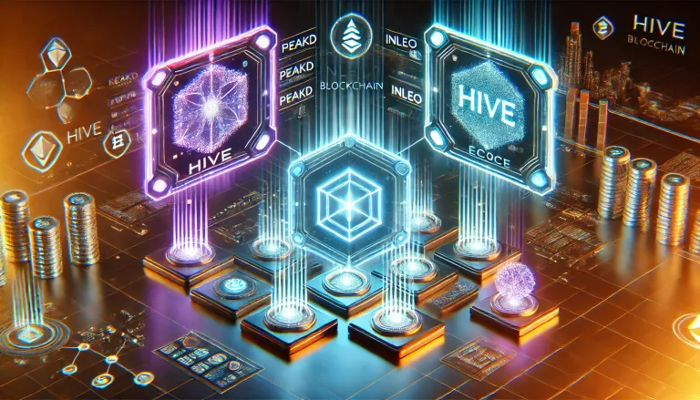 DALL·E 2025-02-03 01.50.41 - A futuristic 16_9 digital artwork showcasing Hive blockchain front-end interfaces. The image features holographic-style UI screens with Peakd, Inleo, .png