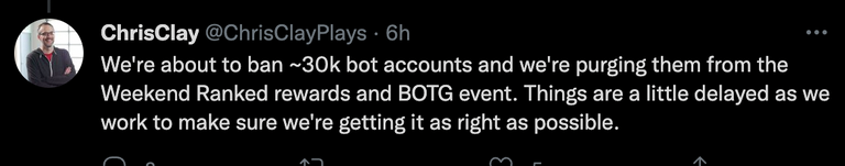 Chris Clay tweets there will be a ~30k bot ban