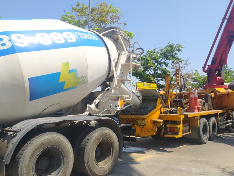 Automatic concrete mixer truck is working at the construction site