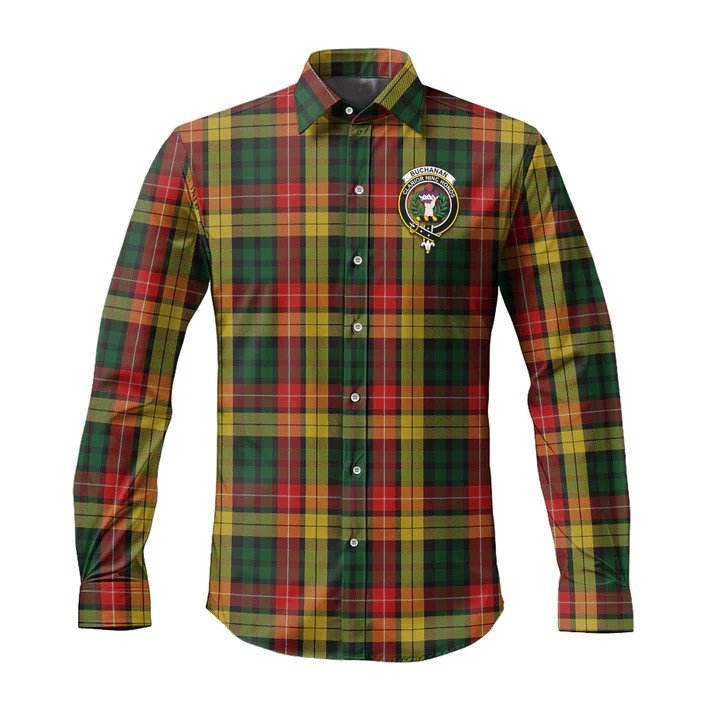 Buchanan Tartan Long Sleeve Button Up Shirt with Family Crest.jpg