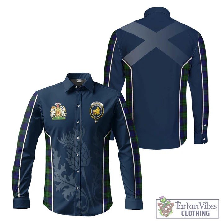 Campbell Tartan Long Sleeve Button Up Shirt with Family Crest and Scottish Thistle Vibes Sport Style.jpg