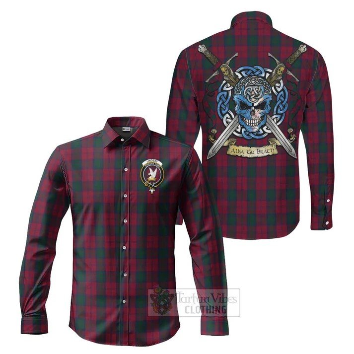 Lindsay Tartan Long Sleeve Button Shirt with Family Crest Celtic Skull Style.jpg