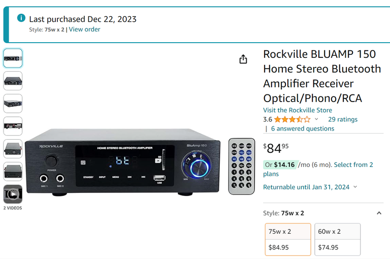 New receiver, Rockville BluAmp 150