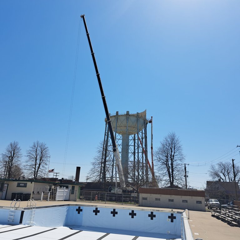 The water tower and community pool.