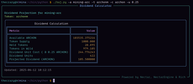 Looks like mining-arc can run 422 more times before needing a refill!