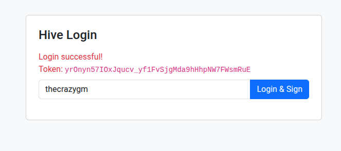 The very basic login page showing a successful token response.