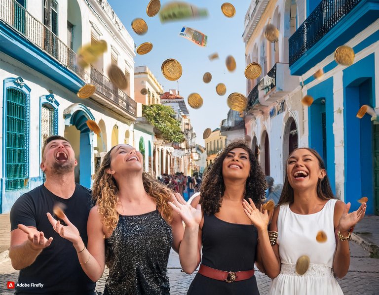 Firefly people being happy for seeing coins and money fall from the sky, humble city in havana, live.jpg