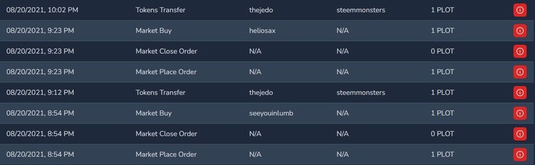 My first Plot purchases, August 2021 - Captured from hive-engine.com