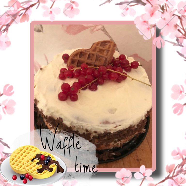 Waffle quark cake with cream topping and redcurrant decoration/ Waffel- Quarktorte  mit Sahneüberzug und Johannisbeeren-Deko