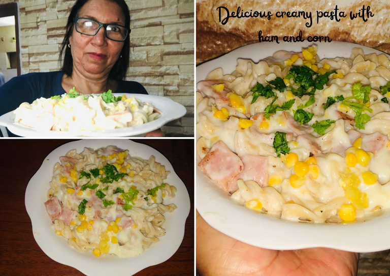 Delicious creamy pasta with ham and corn.png