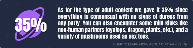 As for the type of adult content we gave it 35% since everything is consensual with no signs of duress from any party. You can also encounter some mild kinks like non-human partners (cyclops, dragon, plants, etc.), and a variety of mushrooms used as sex toys.