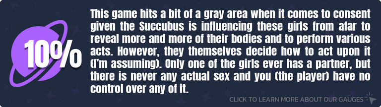 This game hits a bit of a gray area when it comes to consent given the Succubus is influencing these girls from afar to reveal more and more of their bodies and to perform various acts. However, they themselves decide how to act upon it (I’m assuming). Only one of the girls ever has a partner, but there is never any actual sex and you (the player) have no control over any of it.