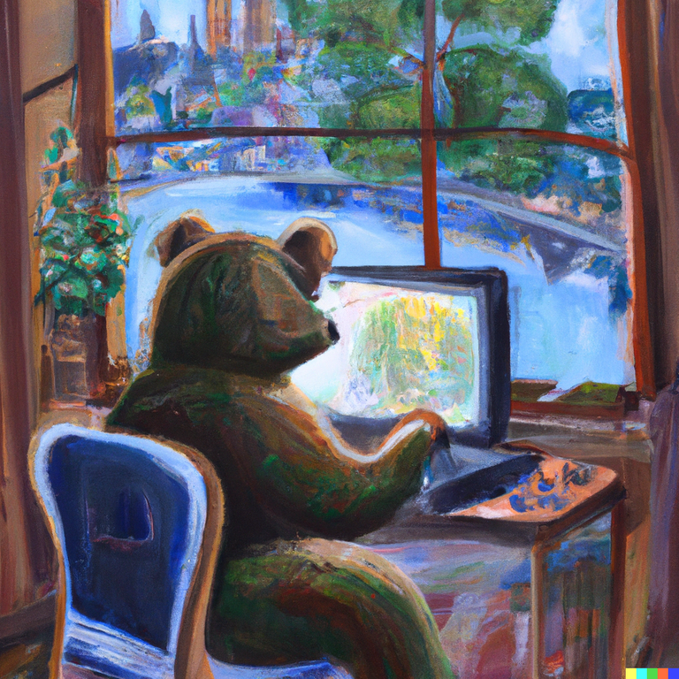DALL·E 2023-03-24 14.35.46 - create a painting of a bear sitting in front of his computer screen where he streams animated movies. There is a window in the room and through the wi.png