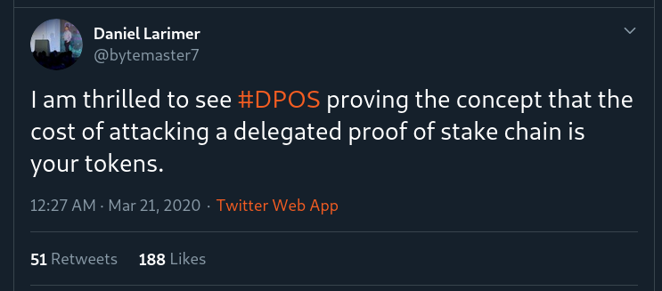 dan larimer tweets on hive / steem dpos