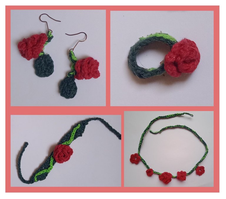 Rosas Tejidas en Crochet Anillos pulsera collar y zarcillos - 2.jpg