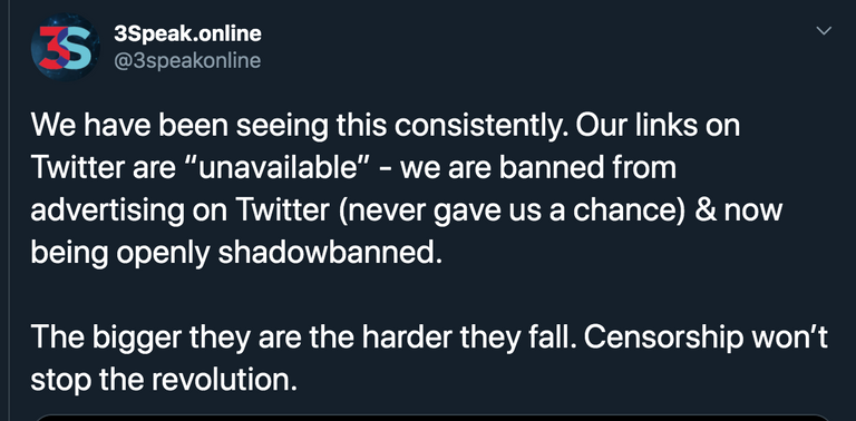 3SpeakonlineonTwitterWehavebeenseeingthisconsistentlyOurlinksonTwitterare“unavailable”wearebannedfromadvertisingonTwitternevergaveusachanceampnowbeingopenlyshadowbannedThebiggertheyaretheharderthey.png