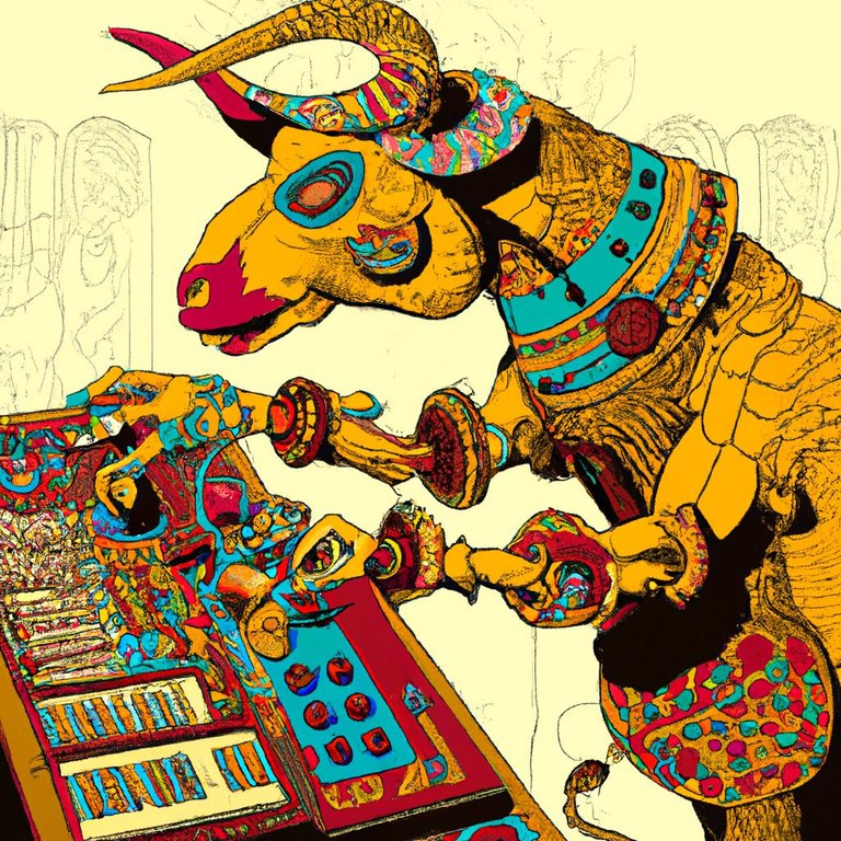 DALL·E 2022-08-22 21.03.59 - minotaur playing many mini synthesizers  by moebius.jpg