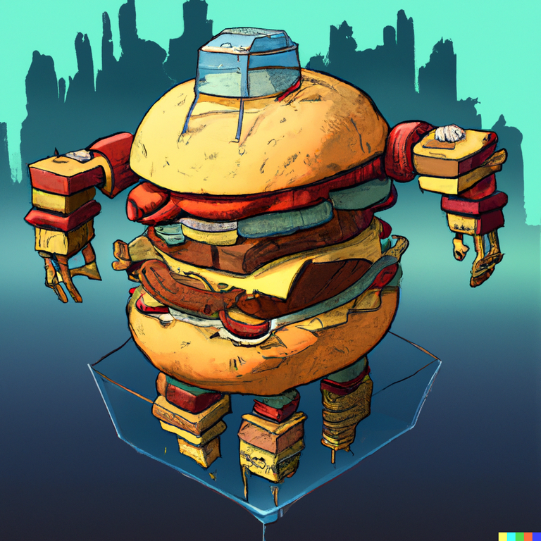 DALLE_2022-09-05_19.50.16_-_a_giant_robot_made_of_burger_floating_above_a_glass_city_in_the_style_of_jerome_bosh.png