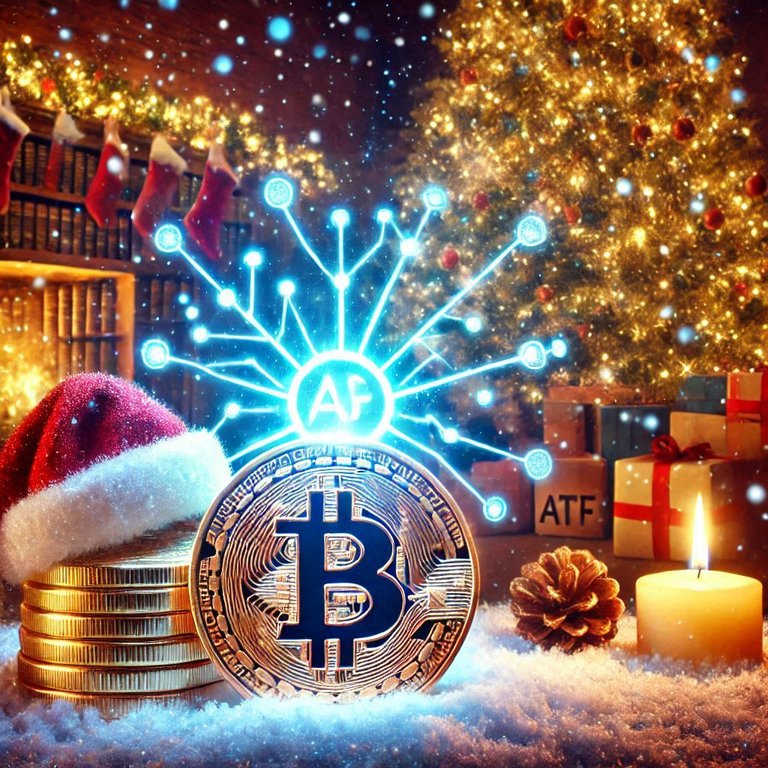 A magical Christmas scene representing the technological cryptographic space of the Archives-Upfunds community with a shimmering coin symbolizing ATF Tokens, without the Bitcoin symbol.png