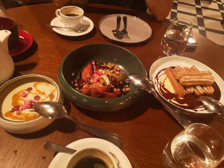 Desserts From Left to Right: Arroz Con Leche, Frutas & Pacharan and Churros Con Chocolate