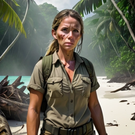 Tough female survivalist on a tropical island with many natural dangers that they could walk into without looking.