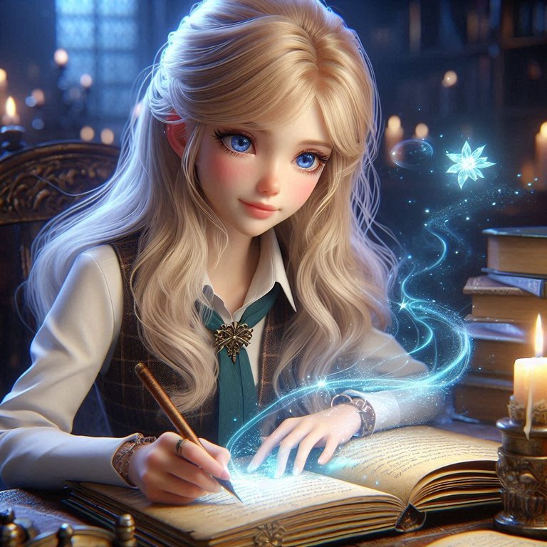 a realistic 3D image of a young blue-eyed blonde girl writing in a magic book.png
