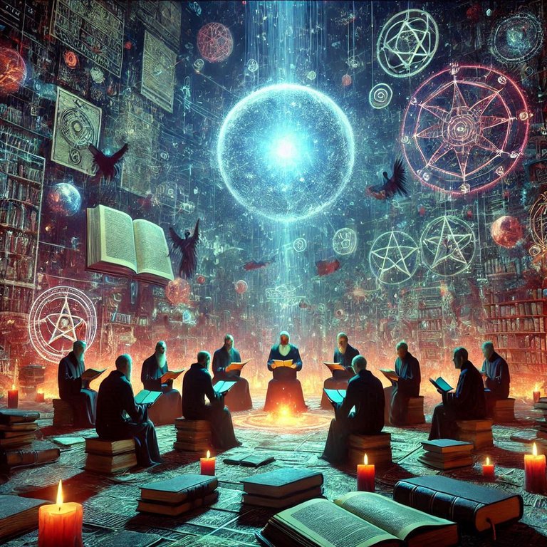 2D image set in a clandestine gathering of people reading forbidden books filled with prohibited knowledge, with a dark background and elements of occultism.png